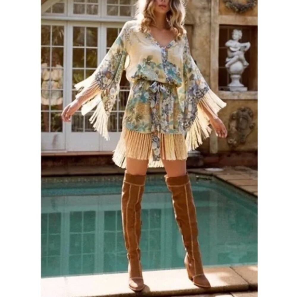 Spell Cream Floral Fringe Mini Dress with Blue & Green Print